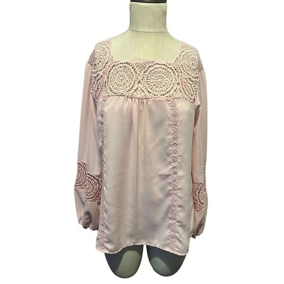Zac & Rachel Pink Peasant Style Crochet Accents Womens Top Blouse Size Medium - Picture 1 of 9
